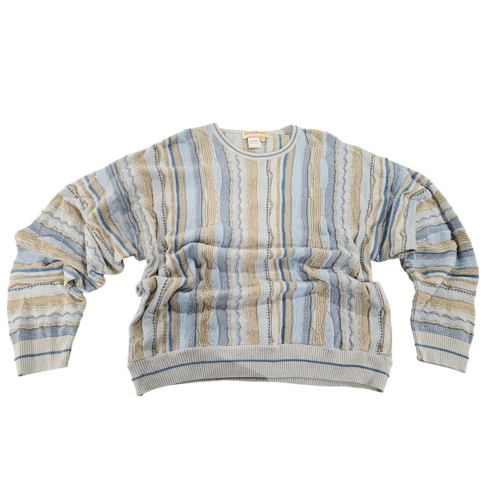 Norm Thompson Textured Knit Sweater XXL Italy Blue Tan Coogi Style